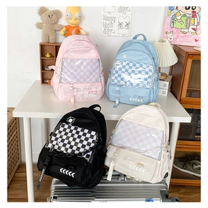 Preppy style plaid backpacks for students in pink blue black and cream white colors