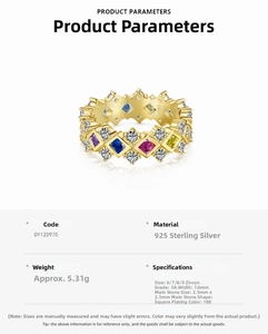 Macro view of 925 sterling silver ring with square colorful zircons and 18K gold plating