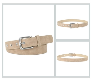 Detail view of beige matte suede belt with silver metal buckle and fine edge stitching