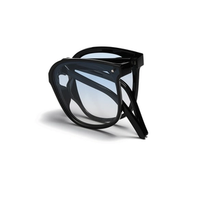 Foldable black sunglasses with gradient light blue lenses and portable folding design