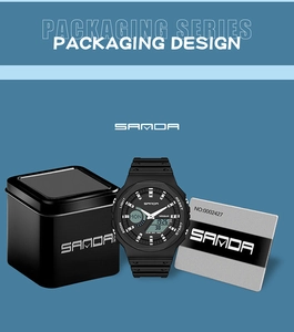 Detailed set of dual display sport watch with metallic case and warranty card