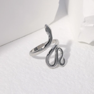 Detailed view of silver snake-shaped stainless steel ring on white geometric background