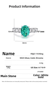 Detail view of S925 silver ring with 8x10mm oval green zircon and side stone specs