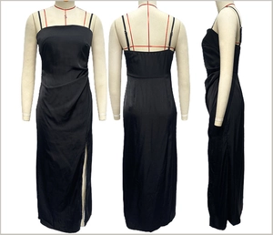 Front, side and back views of a black satin slip dress with thin straps and a high side slit
