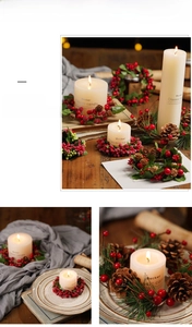 Macro detail of Christmas candle ring with pine needles, cones and red berries