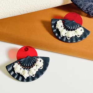 New Chinese style fan earrings with 3D relief rose flowers and red disk accents