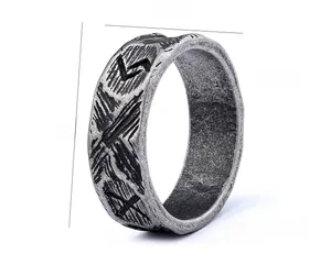 Detailed view of an 8mm vintage Viking rune ring made of durable stainless steel