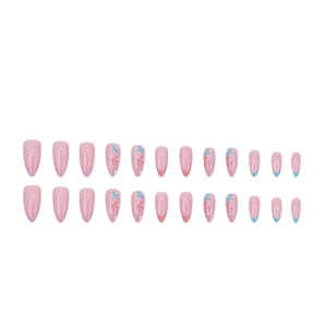 Pink almond press-on nails with floral patterns and colorful French tips, 24-piece set
