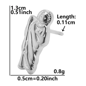 Detail showing the dimensions of the silver Virgin Mary stud earring on a white background