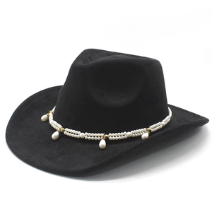 Black felt western cowboy hat featuring elegant double-row pearl chain and teardrop pendants