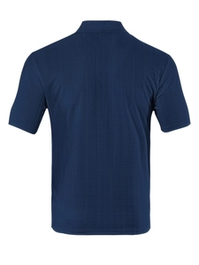 Detailed back view of dark blue short sleeve polo shirt showing fine plaid fabric texture
