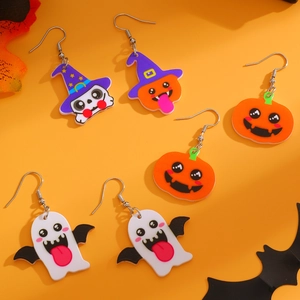 Detail of Halloween acrylic earring set featuring cartoon ghost and pumpkin designs