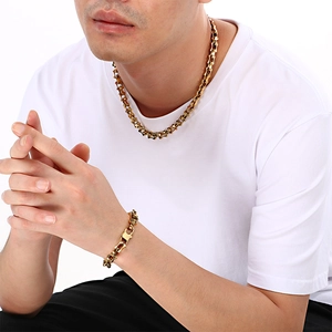 Men's 10mm golden bamboo link chain necklace and bracelet set in stainless steel