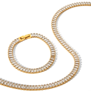 Golden stainless steel necklace and bracelet set with clear rectangular zircon stones
