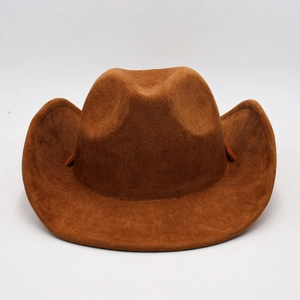 Classic brown suede western cowboy hat with wide brim and dented crown for men and women
