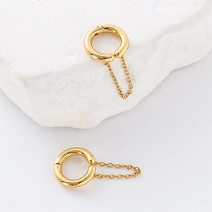 Minimalist gold stainless steel hoop earrings with long chain tassel for women