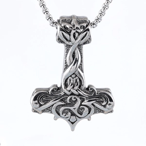 Nordic Viking Mjolnir Thor Hammer Pendant Necklace with Celtic Knot Patterns in Silver