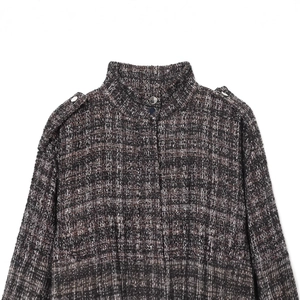 Women's chic tweed bomber jacket with metallic snap buttons and high-collar design