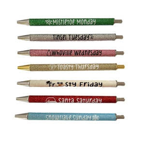 Set of seven colorful glitter pens with weekday and winter motifs on white background