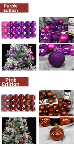 Close-up of purple and bronze Christmas baubles with matte, glossy, and glitter textures