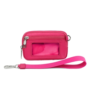 Pink nylon wrist wallet detail with transparent card slot and detachable lanyard strap