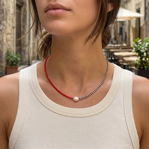 Bohemian MGB glass bead necklace with red and striped patterns and freshwater pearl