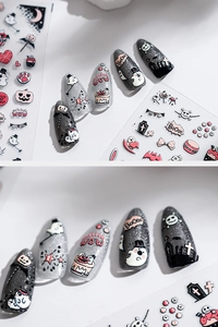 Detailed 5D Halloween nail stickers with embossed ghosts, pumpkins and bats designs
