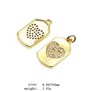 Detail view of rectangular gold heart charms with zircon inlay and size parameters