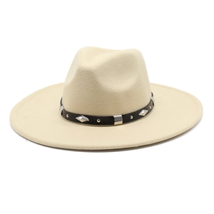 Detail of cream wool fedora hat featuring black leather band with silver metal studs