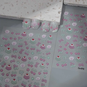 3D embossed cute cat paw and cherry nail art stickers for kids with demo nails