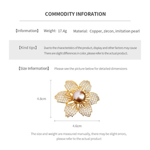 Detail specifications of the gold-plated floral pearl brooch with zircon accents
