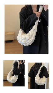Detail view of a white quilted bubble bag with puffy texture in 3-angle model shot