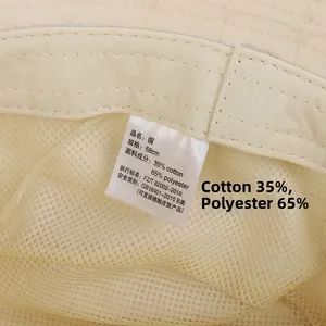 Detail view of cotton blend bucket hat inner mesh lining and washing label details
