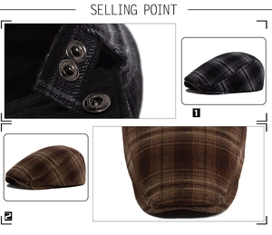 Detail of plaid newsboy caps with vintage tweed texture and metal side buckle