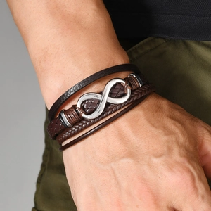 Fashionable men's multilayer brown leather bracelet with silver infinity symbol charm