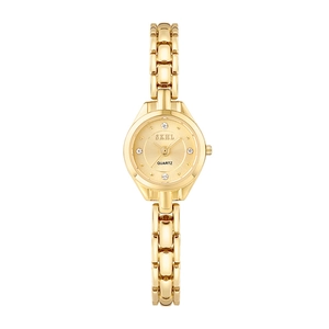 Elegant gold women's quartz watch with crystal indices and a round metal strap case