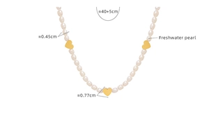 Detail showing freshwater pearl necklace size with gold heart-shaped connectors
