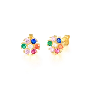 Detailed close-up of colorful daisy flower stud earrings with vibrant crystal petals