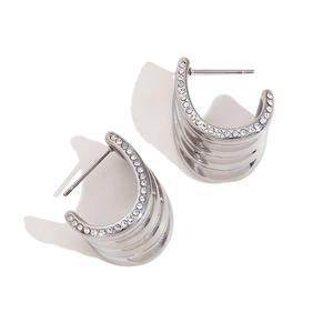 Modern layered wave curved stud earrings in silver with shimmering micro-pave crystals
