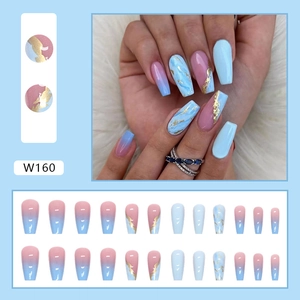 Blue marble press-on nails with gold foil in medium coffin shape, 24 pieces set