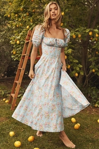 Detail of floral puff sleeve maxi dress with lace-up bust in a sunny lemon grove setting
