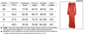 Detailed size chart for printed round neck maxi dress showing sleeve and length dimensions