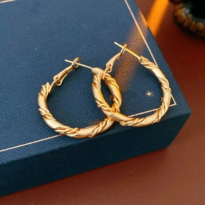 Close-up of golden twisted rope hoop earrings resting on a navy jewelry box