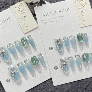 Handmade Press On Nails Light Blue Gradient Emerald Rhinestone Silver Bowknot Luxury Coffin Stiletto Artificial Nails Women