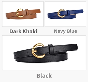 Detailed view of women's thin PU leather belts in khaki, navy blue, and black with gold buckles