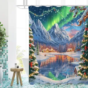 Detail of Christmas shower curtain with winter landscape, snowy mountains and aurora borealis