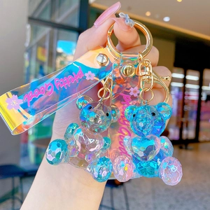 Geometric Faceted Crystal Bear Keychain Iridescent Gradient Resin Heart Cartoon Doll Charm With Iridescent Strap