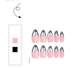 Detailed set of 10 almond-shaped press-on nails with nude pink base and black glitter tips
