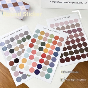 Detailed view of Morandi color dot stickers and stationery on a clean white desk surface