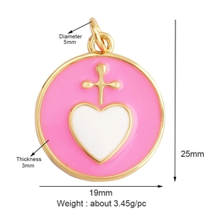 Pink enamel heart pendant with cross in copper gold, including size and weight measurements